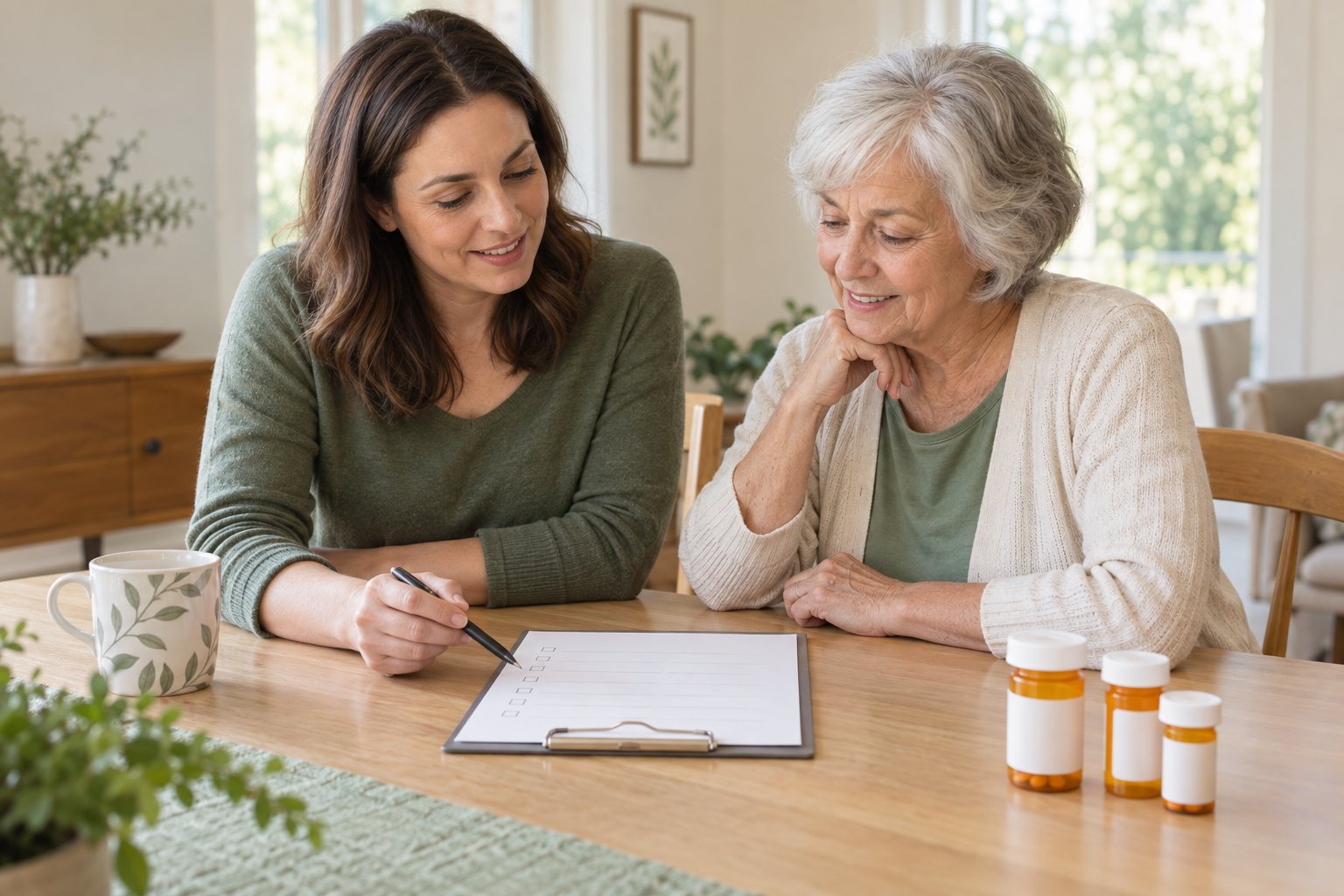 AI-generated scene of an older woman and her adult daughter reviewing a medication checklist at home