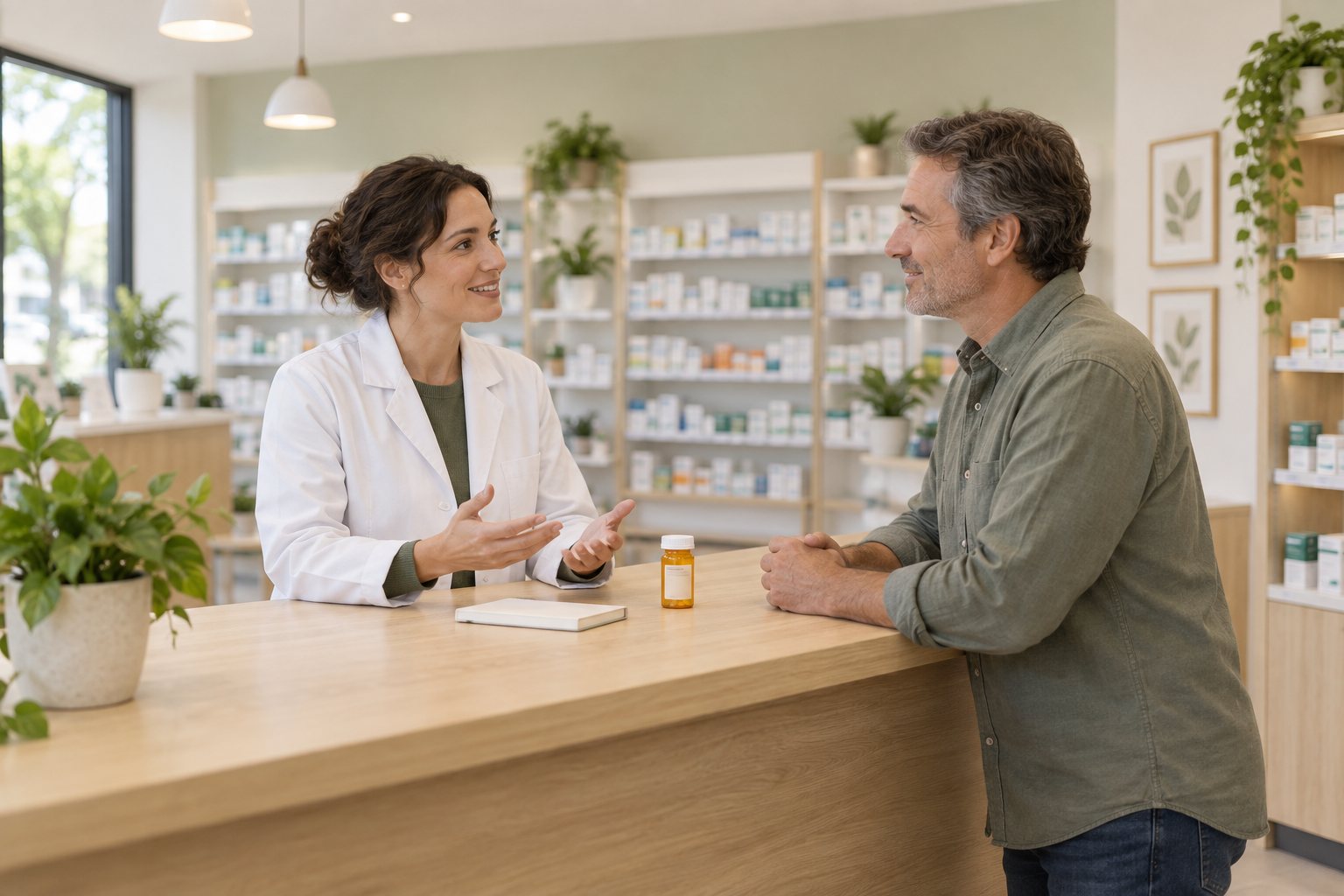 AI-generated scene of a pharmacist and customer discussing medicines at a pharmacy counter