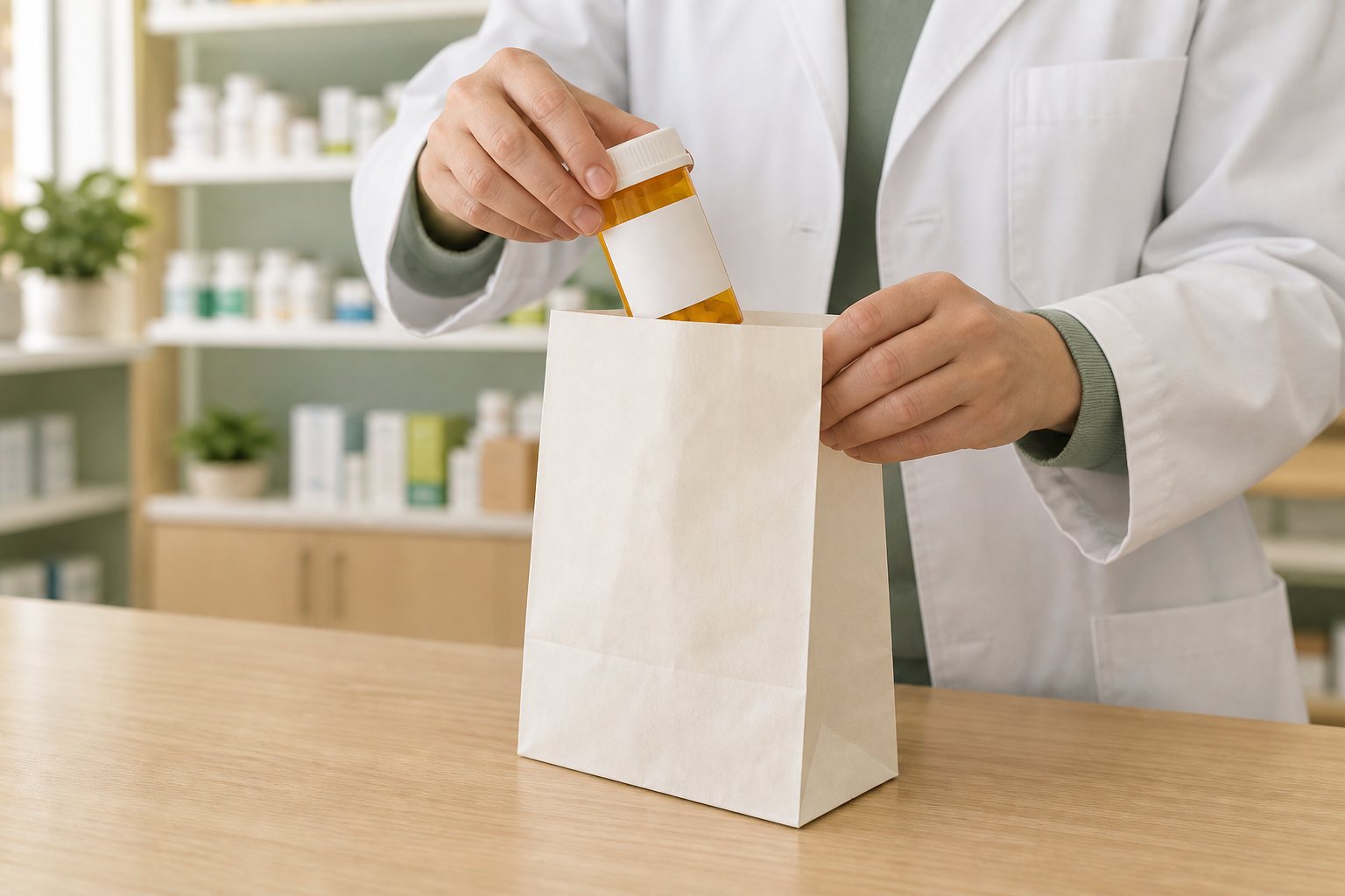 AI-generated close-up of a pharmacist placing a closed medicine bottle into an unbranded pharmacy bag