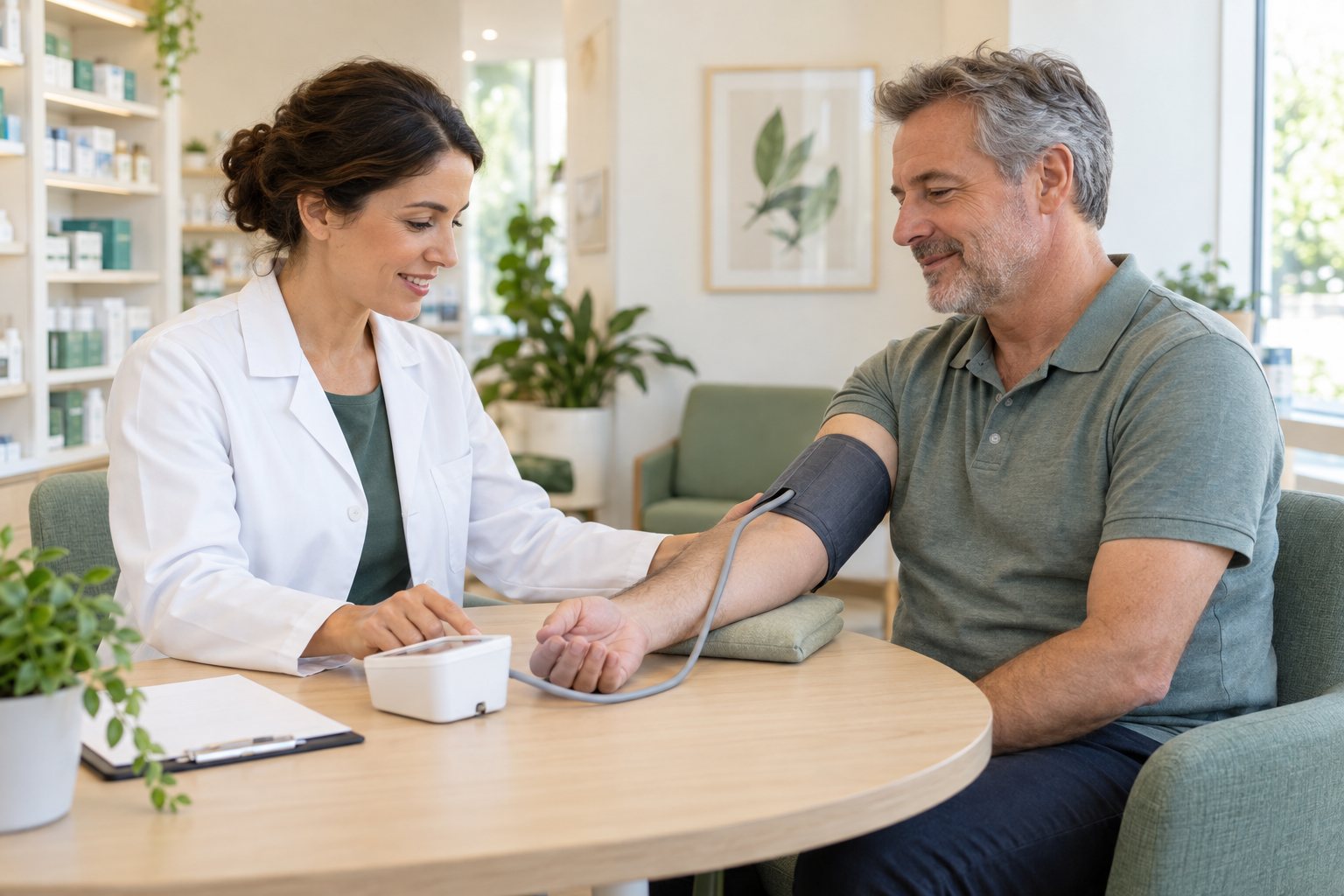 AI-generated scene of a seated adult having an upper-arm blood pressure check in a pharmacy consultation area