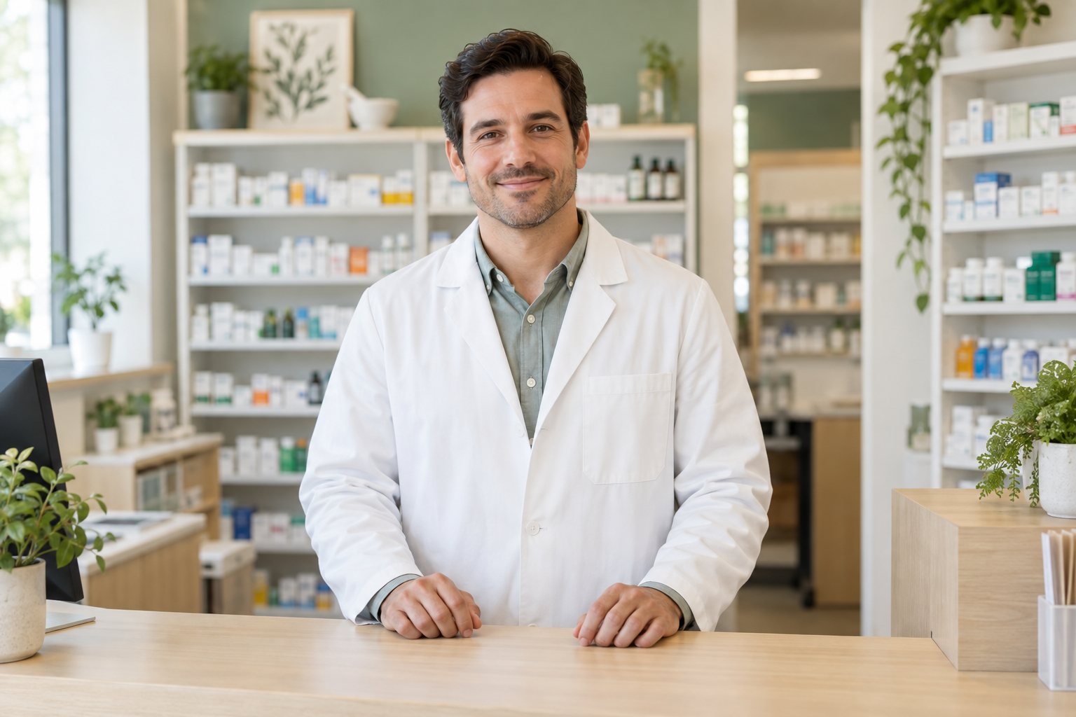 AI-generated scene of a pharmacist at a bright community pharmacy counter