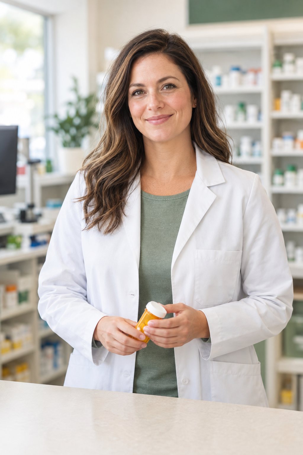 AI-generated scene of a pharmacist holding a closed amber medicine bottle in a bright pharmacy